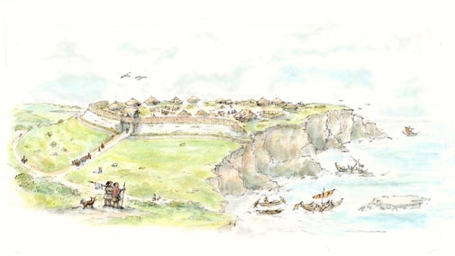 Illustration of a representation of what Gunwalloe Cliff Castle would have looked like. a collection of huts on a prominent cliff, surrounded by a wooden wall.
